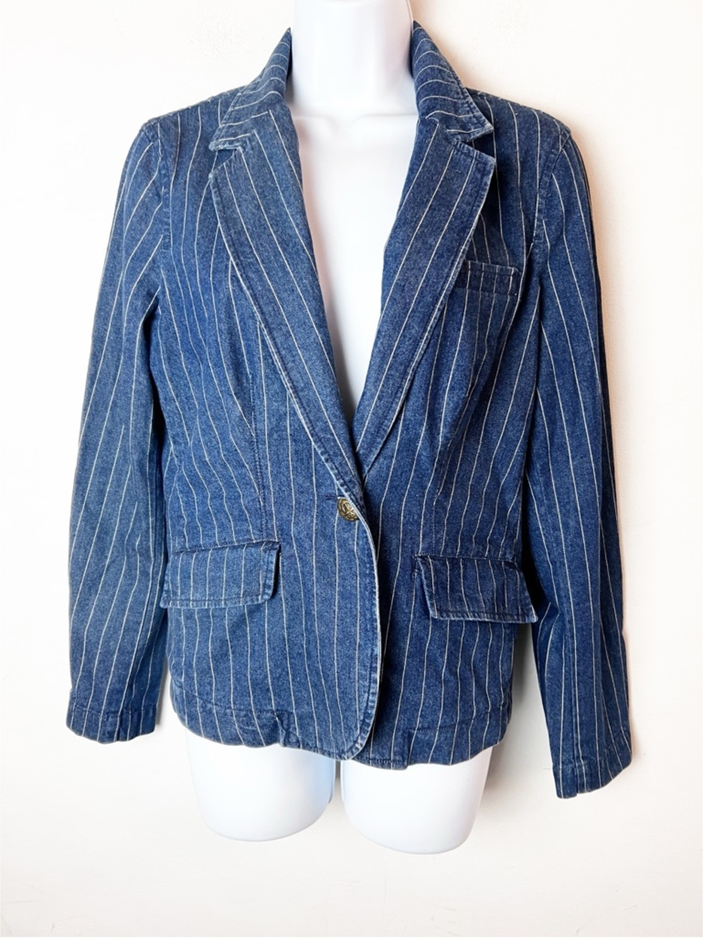SZ 8P Lauren Ralph Lauren 100% Cotton Striped Blue Denim Blazer